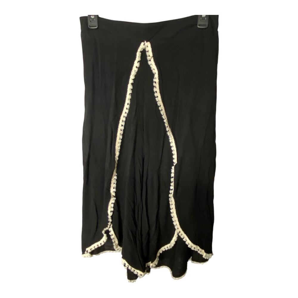 Hayden Women's L Tassle Fringe Trim Wide Leg Pallazo Pants Black Cream Boho New